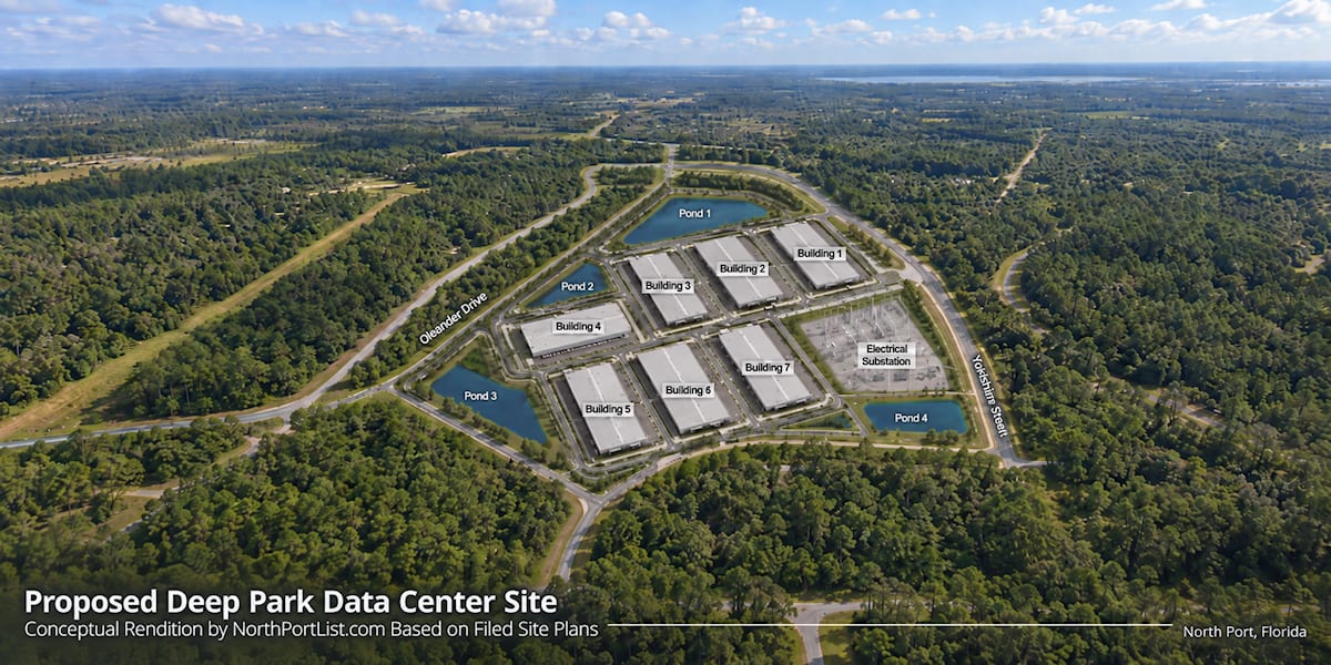 Aerial rendering of the proposed Deep Park Data Center site in North Port, Florida, showing seven buildings, four retention ponds, an electrical substation, and surrounding roads